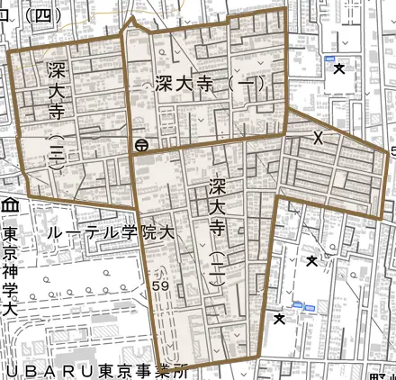 深大寺とその周辺の地図。町の範囲を重ねている