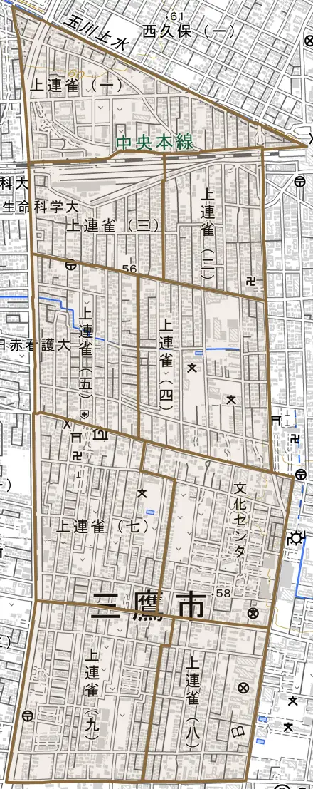 上連雀とその周辺の地図。町の範囲を重ねている