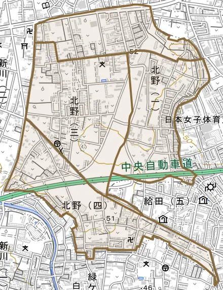 北野とその周辺の地図。町の範囲を重ねている