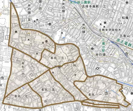 牟礼とその周辺の地図。町の範囲を重ねている