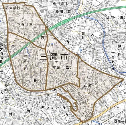 中原とその周辺の地図。町の範囲を重ねている