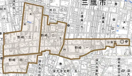 野崎とその周辺の地図。町の範囲を重ねている