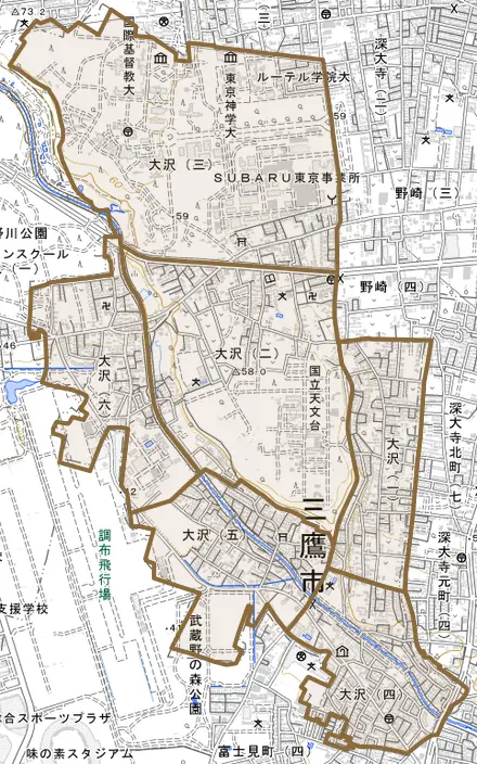 大沢とその周辺の地図。町の範囲を重ねている