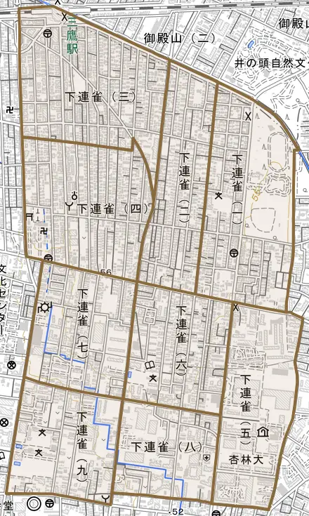 下連雀とその周辺の地図。町の範囲を重ねている