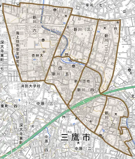 新川とその周辺の地図。町の範囲を重ねている