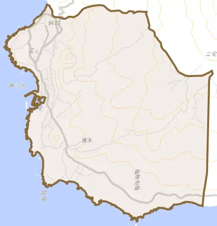 阿古とその周辺の地図。町の範囲を重ねている