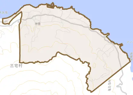 神着とその周辺の地図。町の範囲を重ねている