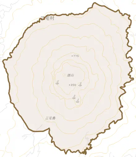 雄山とその周辺の地図。町の範囲を重ねている