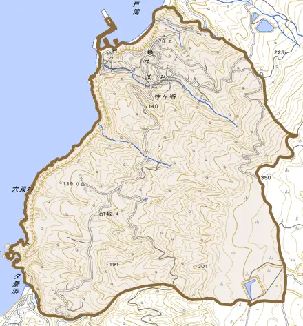 伊ヶ谷とその周辺の地図。町の範囲を重ねている