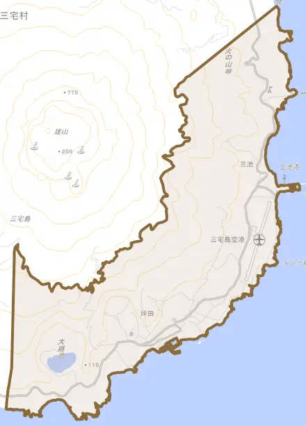 坪田とその周辺の地図。町の範囲を重ねている