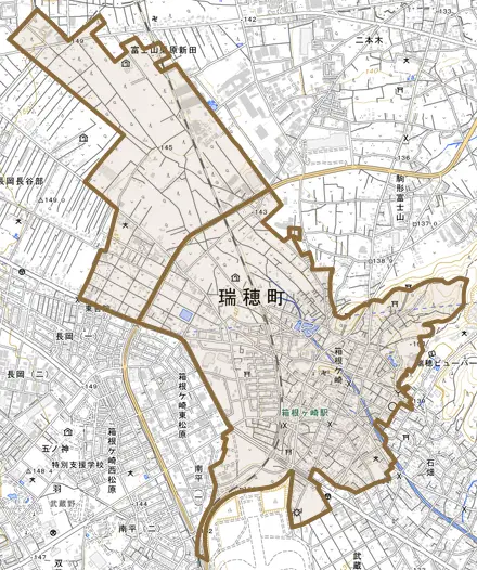 大字箱根ケ崎とその周辺の地図。町の範囲を重ねている