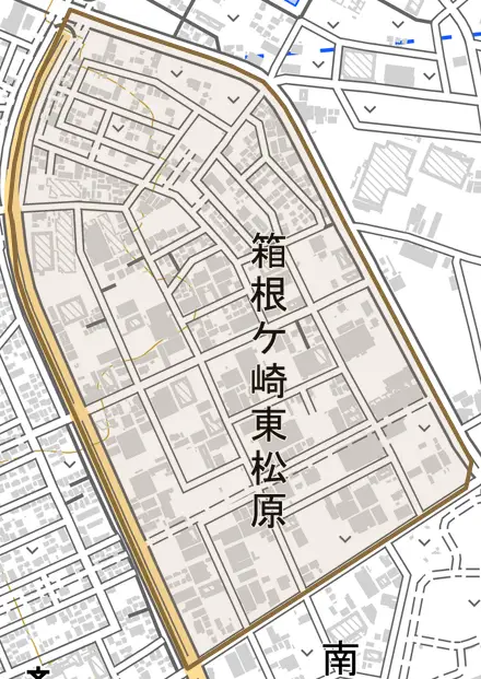 箱根ケ崎東松原とその周辺の地図。町の範囲を重ねている