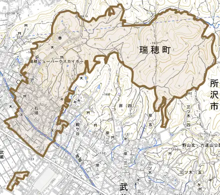 大字石畑とその周辺の地図。町の範囲を重ねている