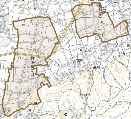 大字駒形富士山とその周辺の地図。町の範囲を重ねている