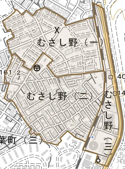 むさし野とその周辺の地図。町の範囲を重ねている