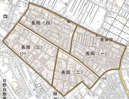 長岡とその周辺の地図。町の範囲を重ねている