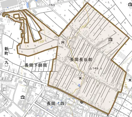 大字長岡長谷部とその周辺の地図。町の範囲を重ねている