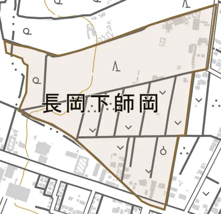 大字長岡下師岡とその周辺の地図。町の範囲を重ねている
