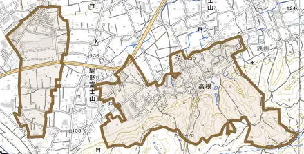 大字高根とその周辺の地図。町の範囲を重ねている