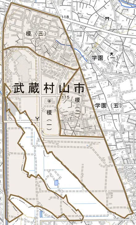 榎とその周辺の地図。町の範囲を重ねている