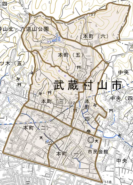 本町とその周辺の地図。町の範囲を重ねている