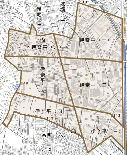 伊奈平とその周辺の地図。町の範囲を重ねている