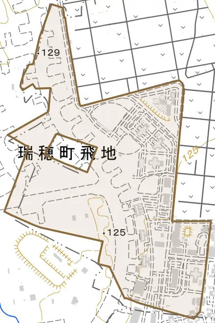 大字岸とその周辺の地図。町の範囲を重ねている