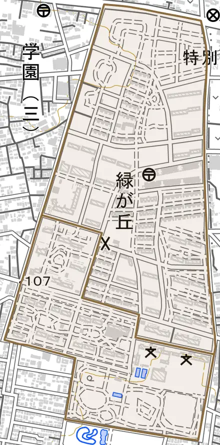 緑が丘とその周辺の地図。町の範囲を重ねている