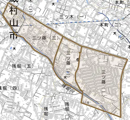 三ツ藤とその周辺の地図。町の範囲を重ねている