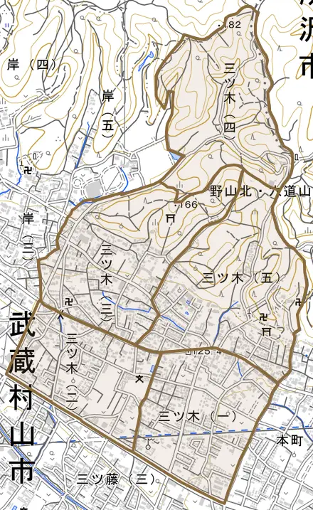 三ツ木とその周辺の地図。町の範囲を重ねている