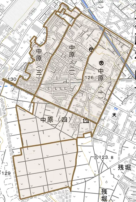 中原とその周辺の地図。町の範囲を重ねている