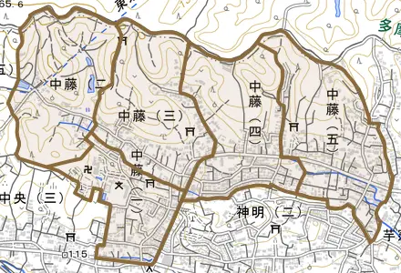 中藤とその周辺の地図。町の範囲を重ねている