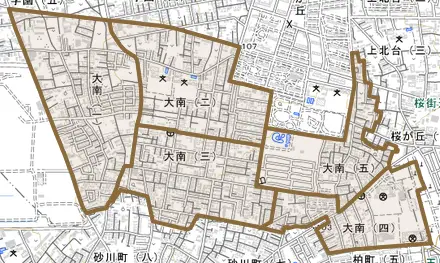 大南とその周辺の地図。町の範囲を重ねている