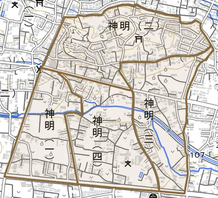 神明とその周辺の地図。町の範囲を重ねている