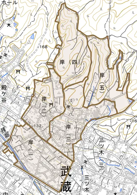 岸とその周辺の地図。町の範囲を重ねている