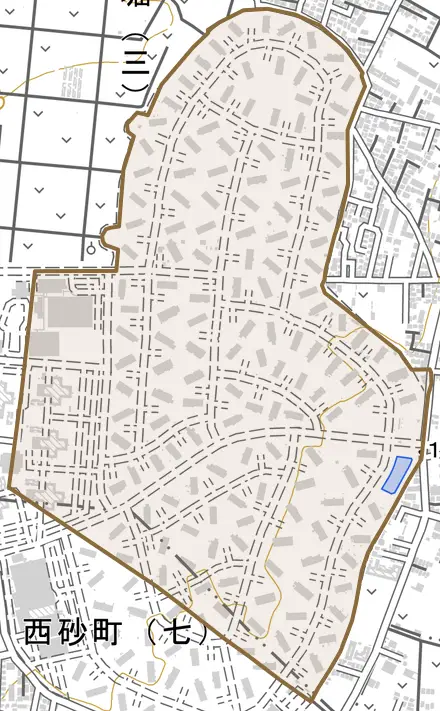 大字三ツ木とその周辺の地図。町の範囲を重ねている