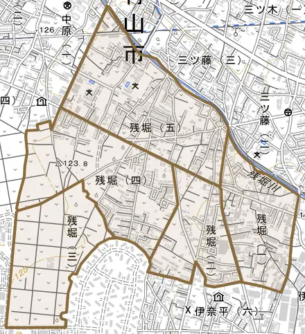 残堀とその周辺の地図。町の範囲を重ねている