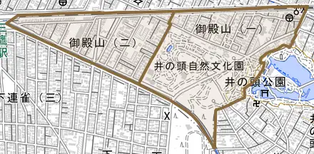 御殿山とその周辺の地図。町の範囲を重ねている