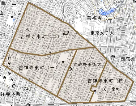 吉祥寺東町とその周辺の地図。町の範囲を重ねている