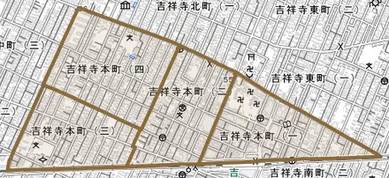 吉祥寺本町とその周辺の地図。町の範囲を重ねている