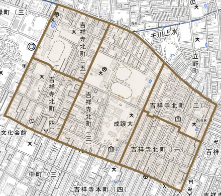 吉祥寺北町とその周辺の地図。町の範囲を重ねている