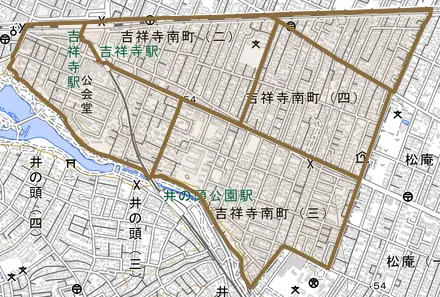 吉祥寺南町とその周辺の地図。町の範囲を重ねている