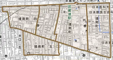 境南町とその周辺の地図。町の範囲を重ねている