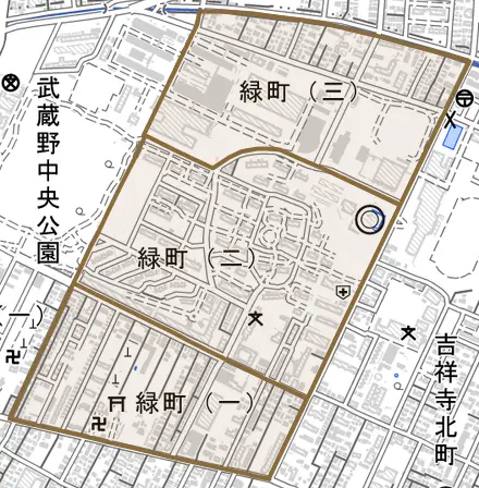 緑町とその周辺の地図。町の範囲を重ねている