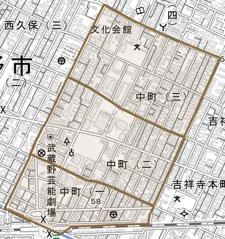 中町とその周辺の地図。町の範囲を重ねている