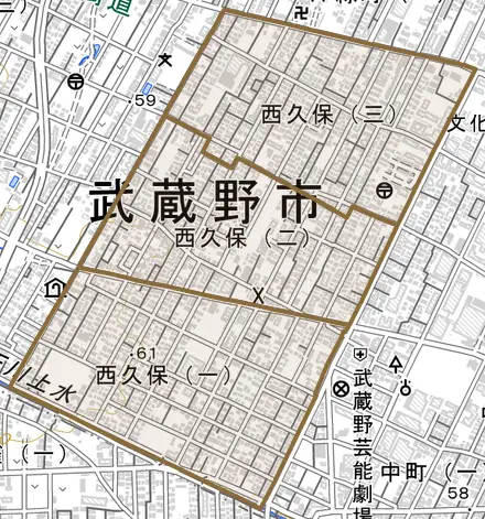 西久保とその周辺の地図。町の範囲を重ねている