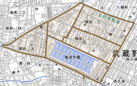 関前とその周辺の地図。町の範囲を重ねている