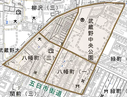 八幡町とその周辺の地図。町の範囲を重ねている