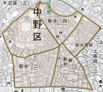 新井とその周辺の地図。町の範囲を重ねている