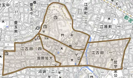 江古田とその周辺の地図。町の範囲を重ねている